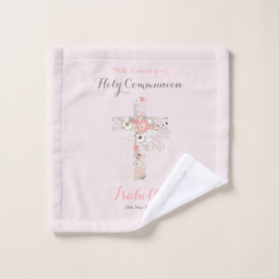 Elegant blush pink communion floral cross wash cloth