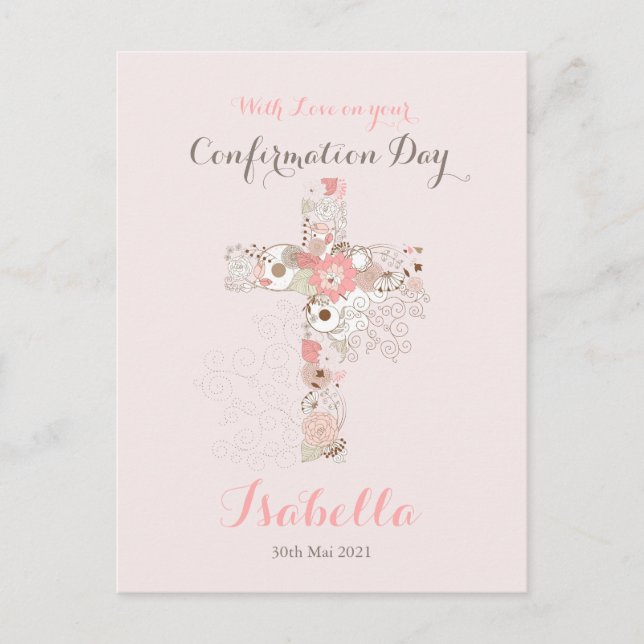 Elegant blush pink confirmation floral cross name  postcard (Front)