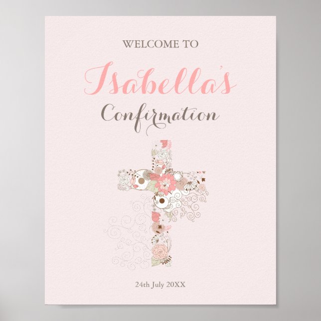 Elegant blush pink confirmation floral cross name poster (Front)
