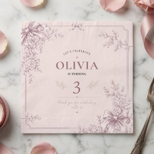 Elegant Blush Pink Coquette Bow Floral Birthday Napkin