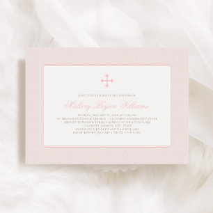 Elegant Blush Pink Cross Pattern Girl Baptism Invitation