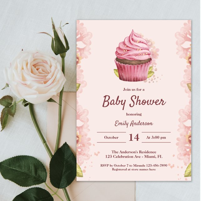 Elegant Blush Pink Cupcake Girl Sweet Baby Shower Invitation (Creator Uploaded)
