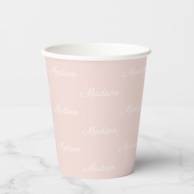 Elegant blush pink custom script name pattern paper cups (Front)
