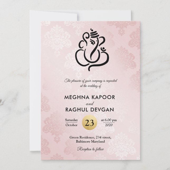Elegant Blush Pink Damask Ganesha Indian Wedding  Invitation (Front)