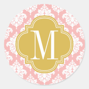 Elegant Blush Pink Damask Personalised Classic Round Sticker