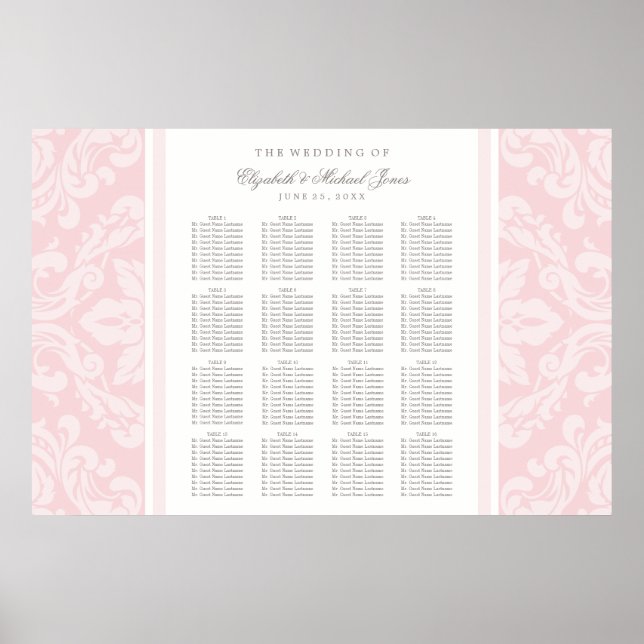 Elegant Blush Pink Damask Wedding Seating Poster (Front)