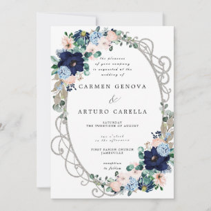 Elegant Blush Pink Dusty Blue Floral Wedding Invit Invitation