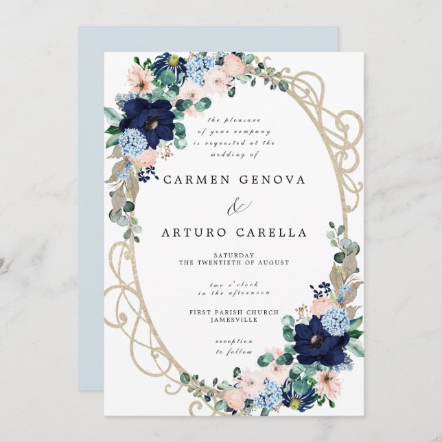Elegant Blush Pink Dusty Blue Floral Wedding Invitation (Front/Back)