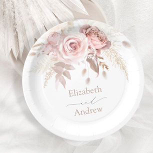 Elegant Blush Pink Dusty Rose Floral Wedding Paper Plate