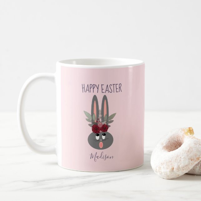 Elegant Blush Pink Easter Bunny Personalised Coffee Mug (With Donut)