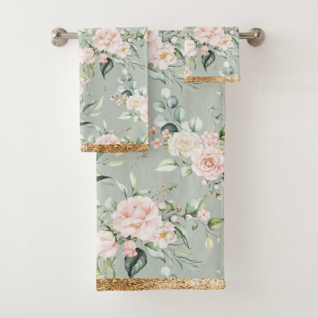 Elegant Blush Pink Eucalyptus Sage Green Gold Bath Towel Set (Insitu)