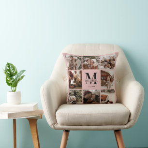 Elegant Blush Pink Family Photo Collage   Monogram Cushion