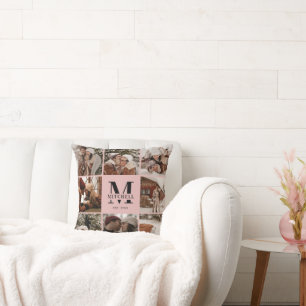 Elegant Blush Pink Family Photo Collage Monogram Cushion