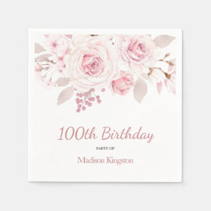 Elegant Blush Pink Floral 100th Birthday Party Napkin