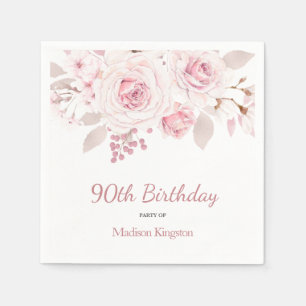 Elegant Blush Pink Floral 90th Birthday Party Napkin