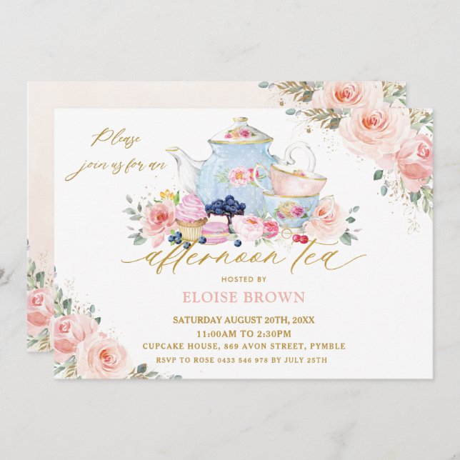 Elegant Blush Pink Floral Afternoon Tea Party Invitation (Front/Back)