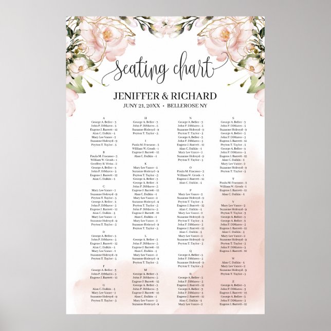 Elegant blush pink floral alphabetical seating poster (Front)