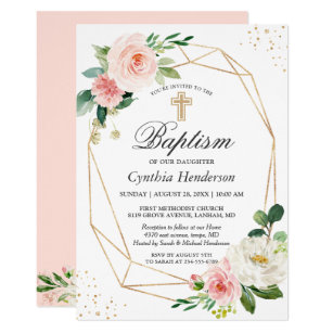 Elegant Blush Pink Floral Baptism & Christening Invitation