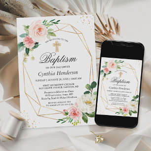 Elegant Blush Pink Floral Baptism & Christening Invitation