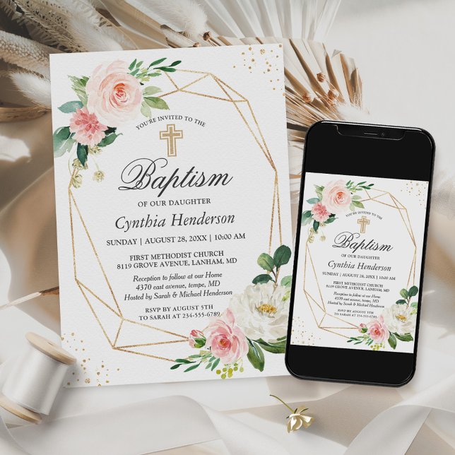 Elegant Blush Pink Floral Baptism & Christening Invitation (Creator Uploaded)
