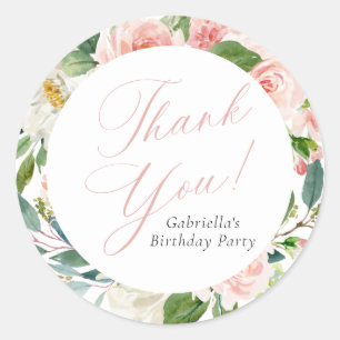 Elegant Blush Pink Floral Birthday Party Classic Round Sticker