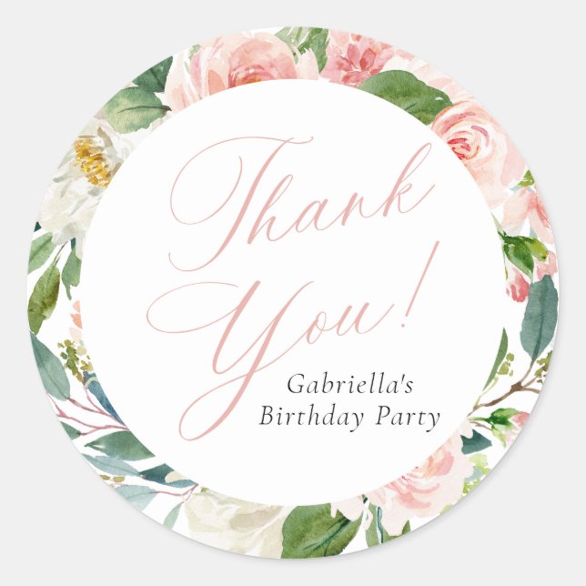 Elegant Blush Pink Floral Birthday Party Classic Round Sticker (Front)