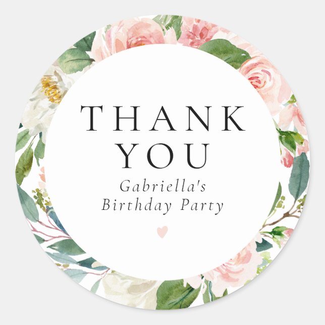 Elegant Blush Pink Floral Birthday Party Classic Round Sticker (Front)