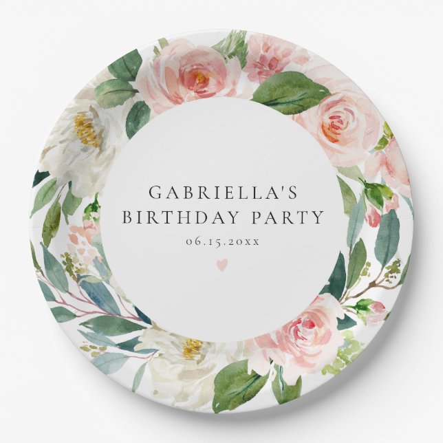 Elegant Blush Pink Floral Birthday Party Paper Plate (Front)
