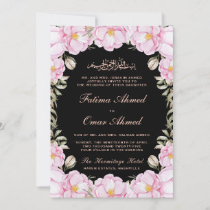 Elegant Blush Pink Floral Black Muslim Wedding Invitation