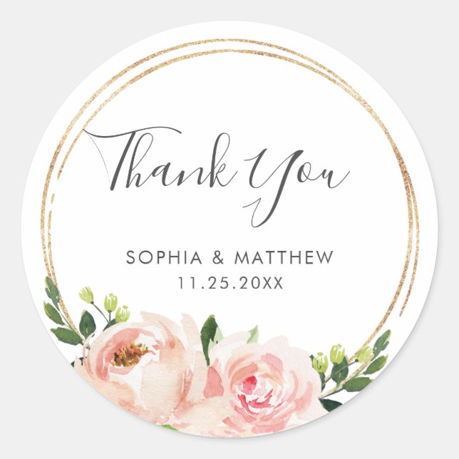 Elegant Blush Pink Floral Botanical Wedding Favor Classic Round Sticker (Front)