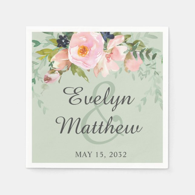 Elegant Blush Pink Floral Bouquet on Sage Green Napkin (Front)
