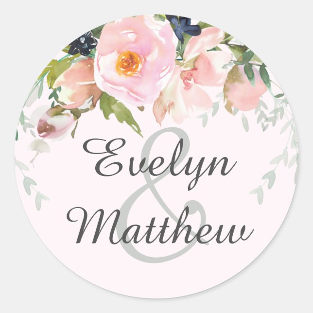 Elegant Blush Pink Floral Bouquet Wedding Classic Round Sticker (Front)
