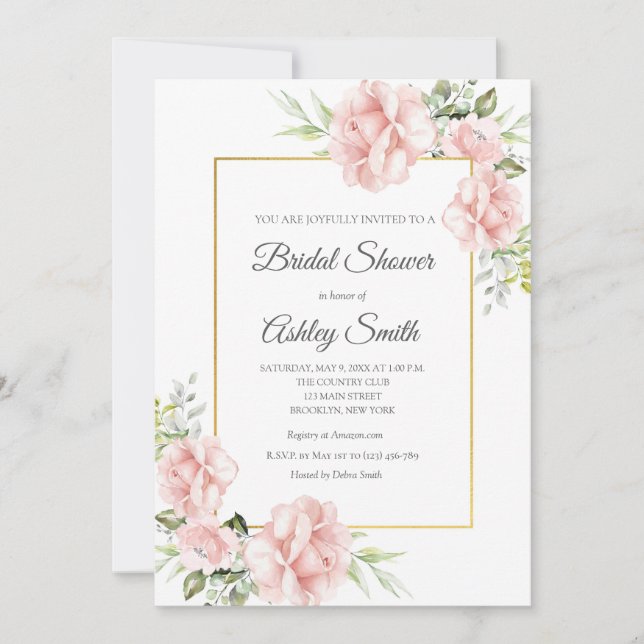 Elegant Blush Pink Floral Bridal Shower Invitation (Front)