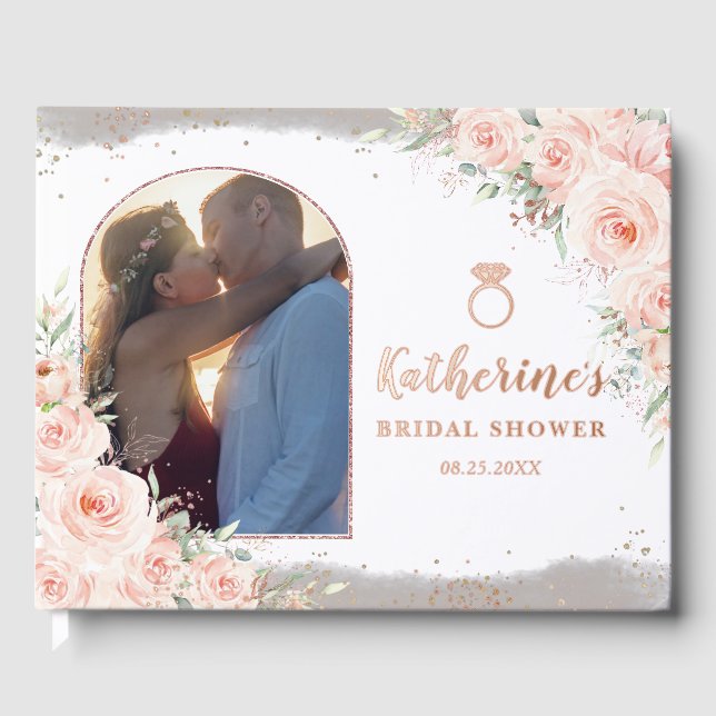 Elegant Blush Pink Floral Bridal Shower Photo Guest Book (Front)