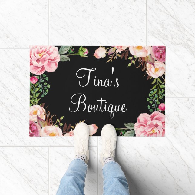 Elegant Blush Pink Floral Business Welcome Doormat (Indoor)