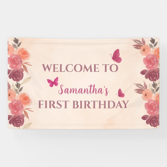Elegant Blush Pink Floral Butterrfly 1st Birthday  Banner (Horizontal)