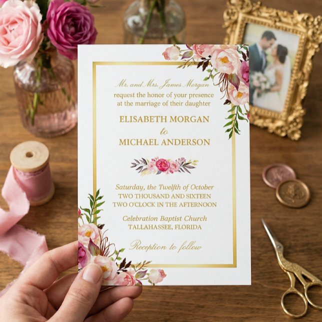Elegant Blush Pink Floral Chic Gold Wedding Invitation (Creator Uploaded)