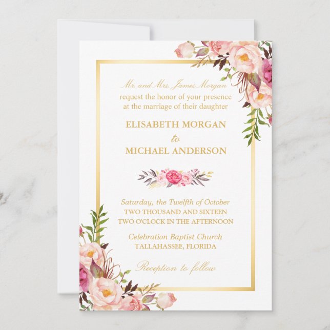 Elegant Blush Pink Floral Chic Gold Wedding Invitation (Front)