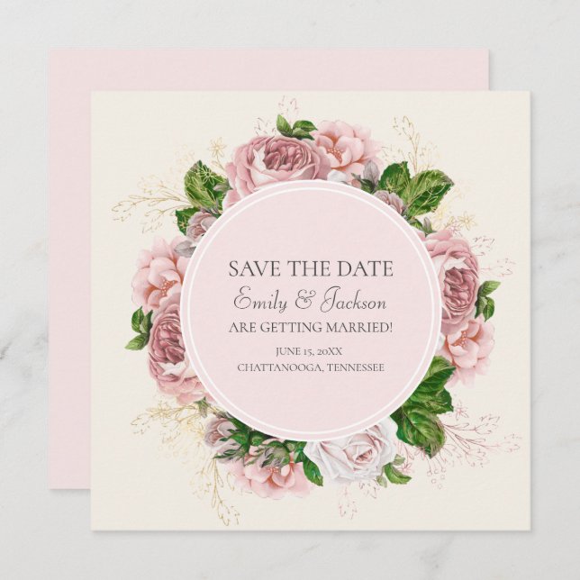 Elegant Blush Pink Floral Cream Wedding Save Date Invitation (Front/Back)
