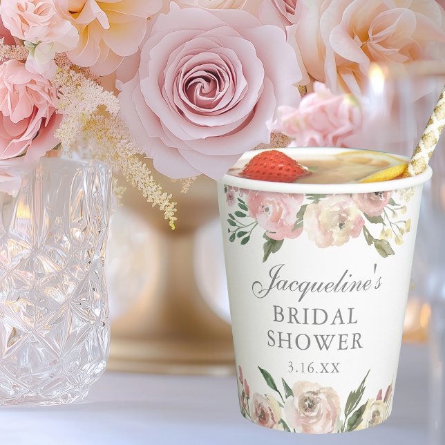 Elegant Blush Pink Floral Custom Bridal Shower Paper Cups (Creator Uploaded)