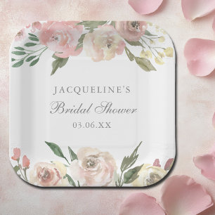 Elegant Blush Pink Floral Custom Bridal Shower Paper Plate