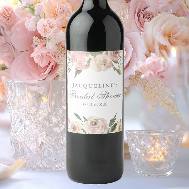 Elegant Blush Pink Floral Custom Bridal Shower Wine Label (Creator Uploaded)