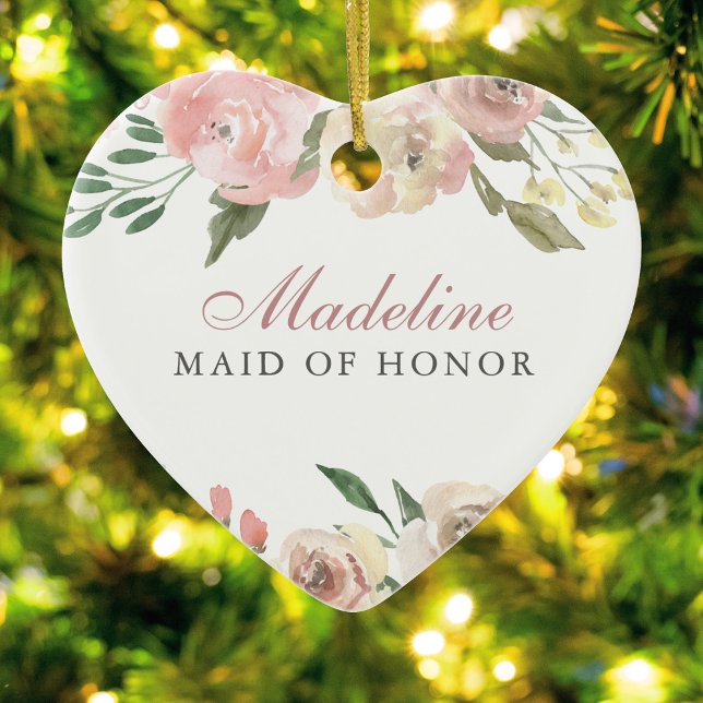 Elegant Blush Pink Floral Custom Maid of Honour Ceramic Ornament (Creator Uploaded)