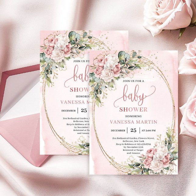 Elegant Blush Pink Floral Eucalyptus Girl Baby  Invitation (Boho Rose Gold Floral Greenery Girl Baby Shower)