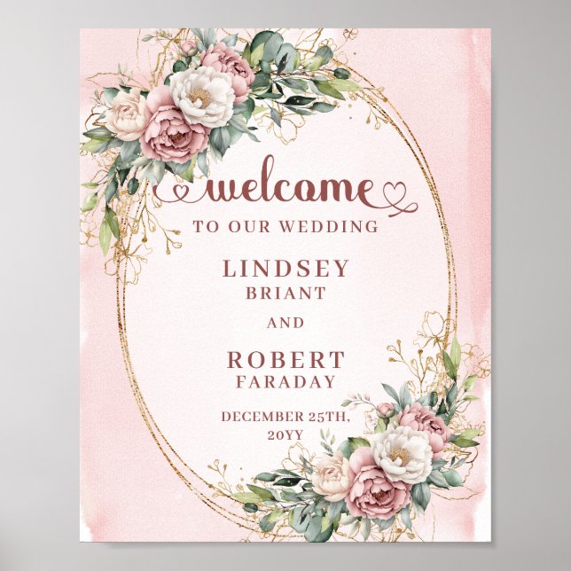 Elegant Blush Pink Floral Eucalyptus Gold Welcome  Poster (Front)