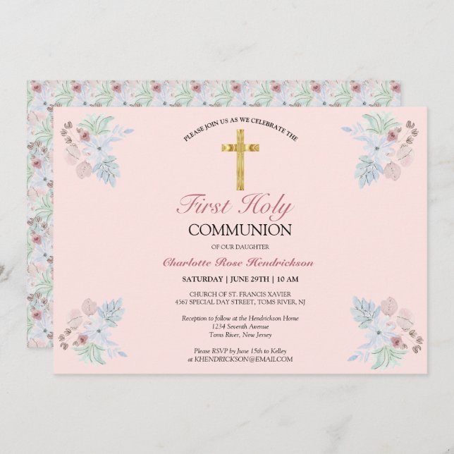 Elegant Blush Pink Floral First Holy Communion Invitation (Front/Back)