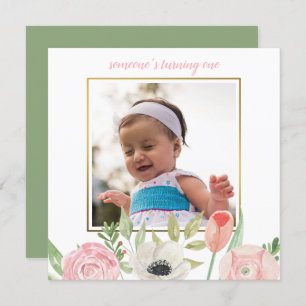 Elegant Blush Pink Floral Frame Baby 1st Birthday Invitation