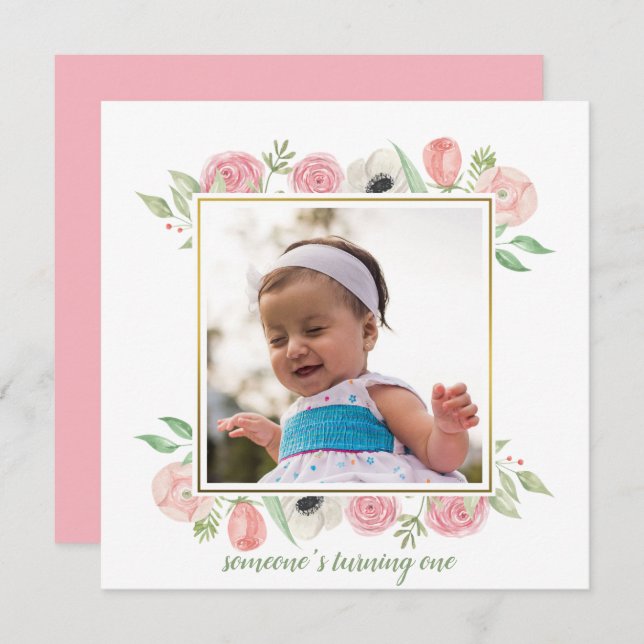 Elegant Blush Pink Floral Frame Baby 1st Birthday Invitation (Front/Back)
