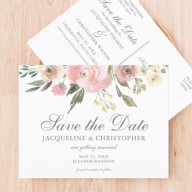 Elegant Blush Pink Floral Garden Save the Date Postcard (Creator Uploaded)