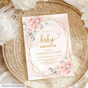 Elegant blush pink floral girl baby shower invites